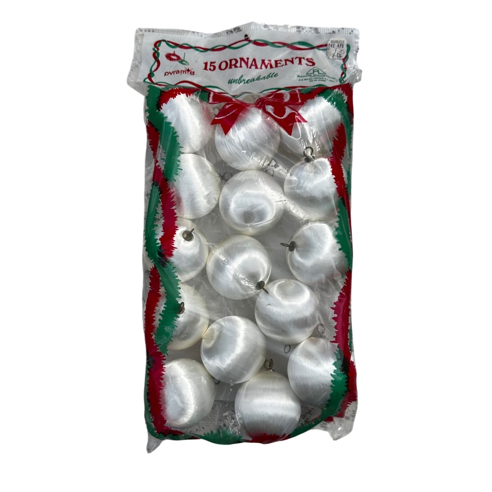 Vintage Pyramid Rauch White Satin Silk Christmas Ornaments Set of 15 Unbreakable